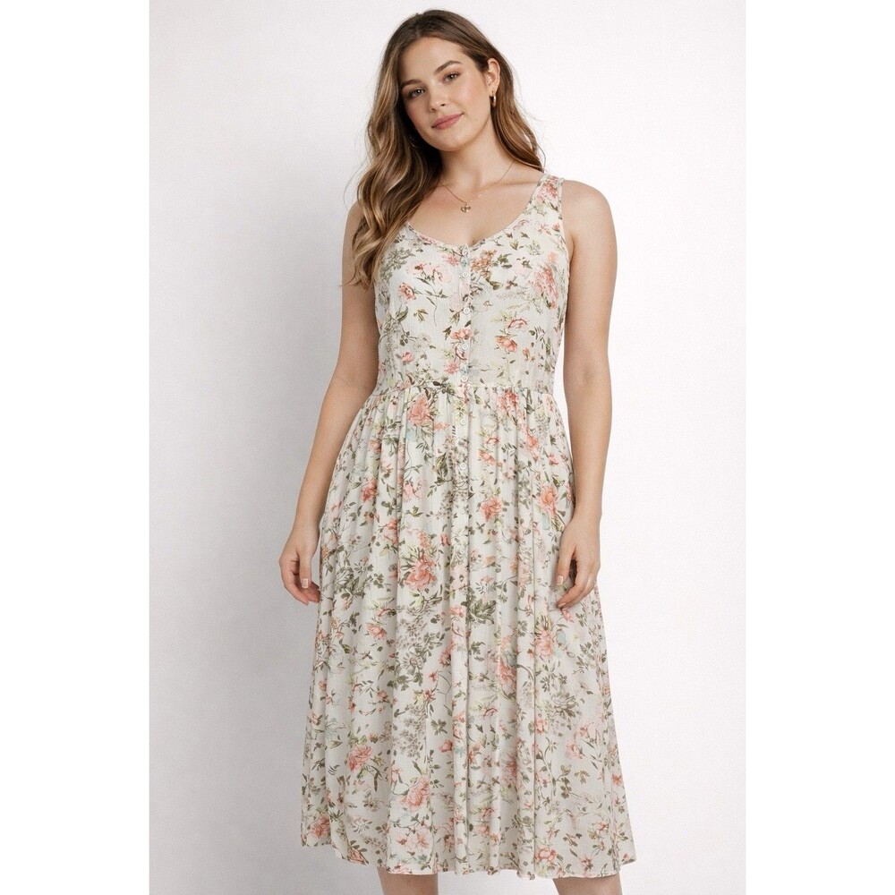 🔥 FRYE Floral Midi Dress Small Cream Button Front Boho 🔥